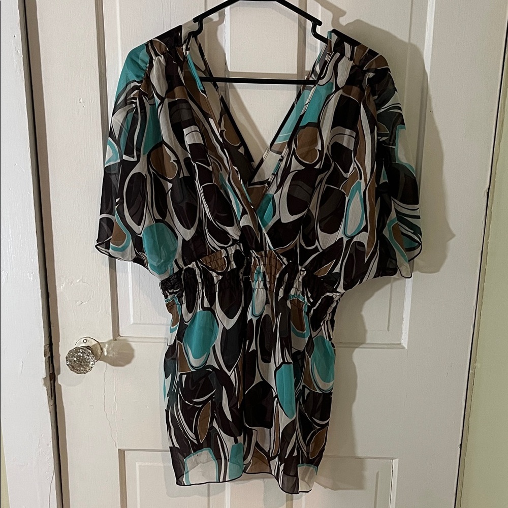 Speechless Women's Teal and Brown Printed Blouse